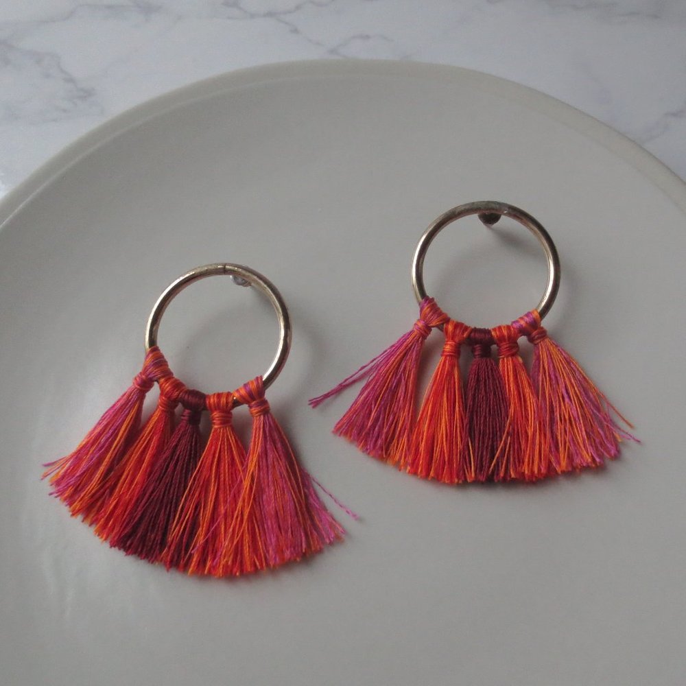 Gold Tone Coral Orange Burgundy Red and Pink Tassel Circle Loop Stud Earrings